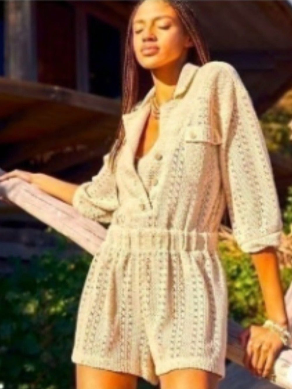 Free People FP Beach Ryan Crochet Knit Romper Cream Sand M Boho